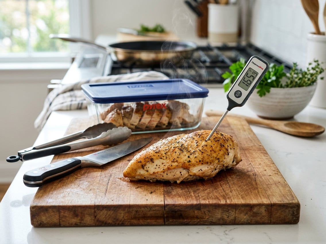 Cooked chicken breast resting on a cutting board with a meat thermometer, kitchen tools nearby, and a glass container with sliced chicken ready for storage.