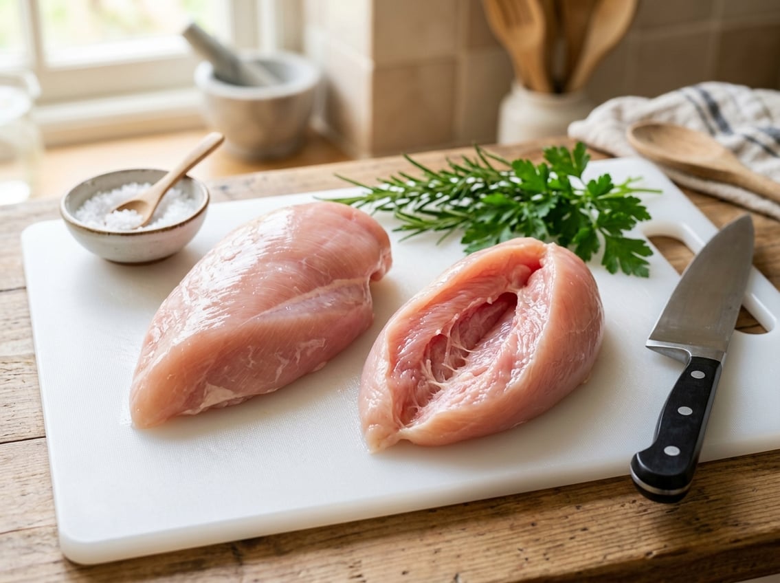 Close-up of raw chicken breasts on a cutting board with one sliced open to show rib meat, surrounded by herbs and a knife.