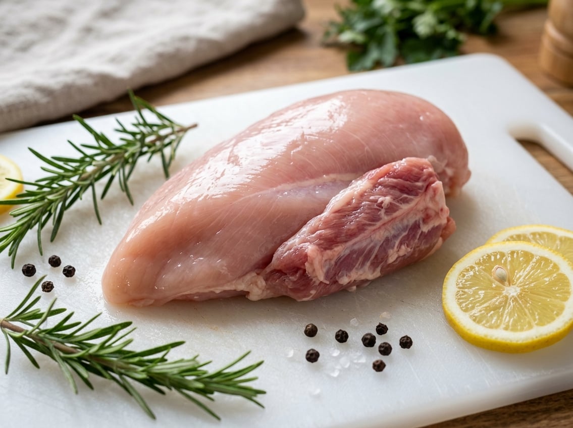 Close-up of a raw chicken breast with a small section of rib meat attached on a cutting board surrounded by fresh herbs and lemon slices.
