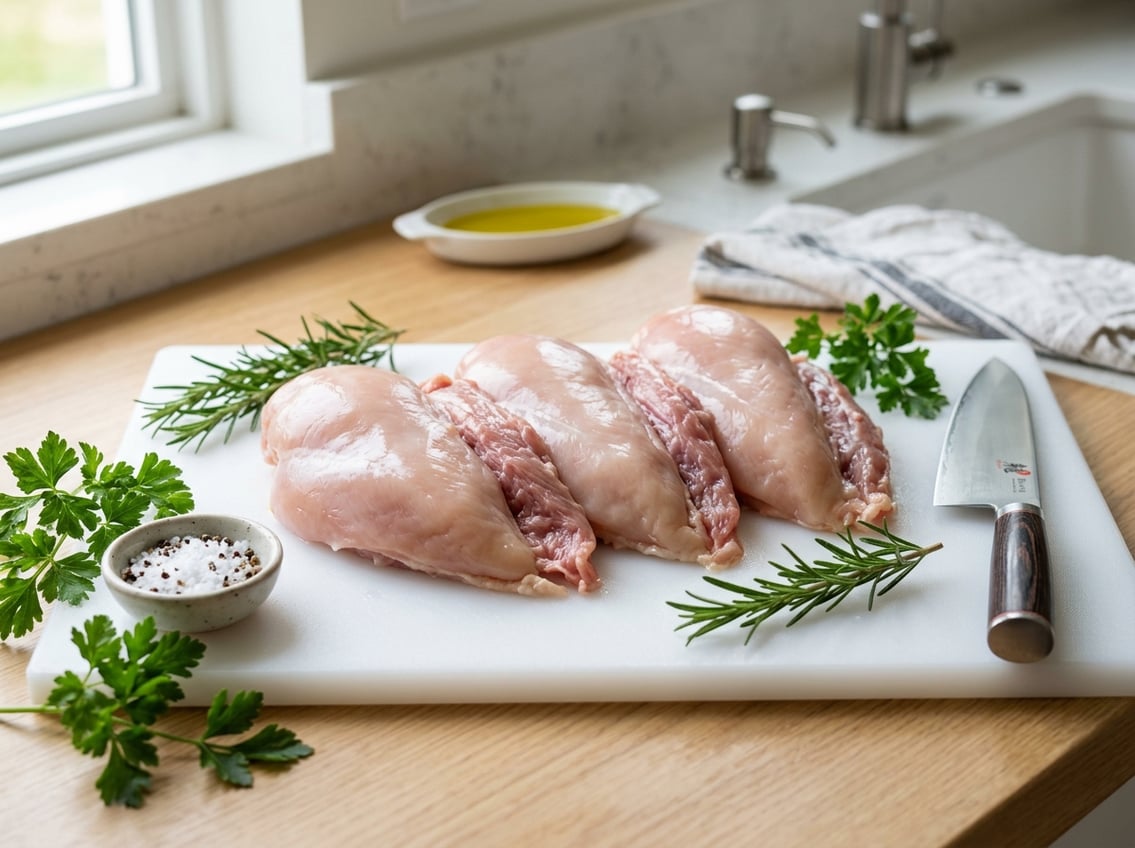 Close-up of raw chicken breasts with rib meat on a cutting board surrounded by herbs and a chef's knife in a bright kitchen.
