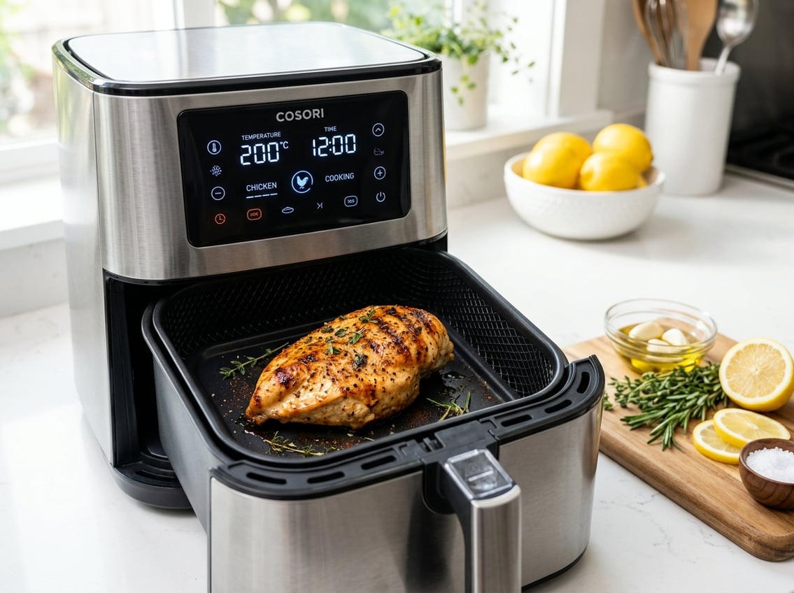 A cooked chicken breast inside an air fryer basket on a kitchen countertop with fresh herbs and lemon slices nearby.