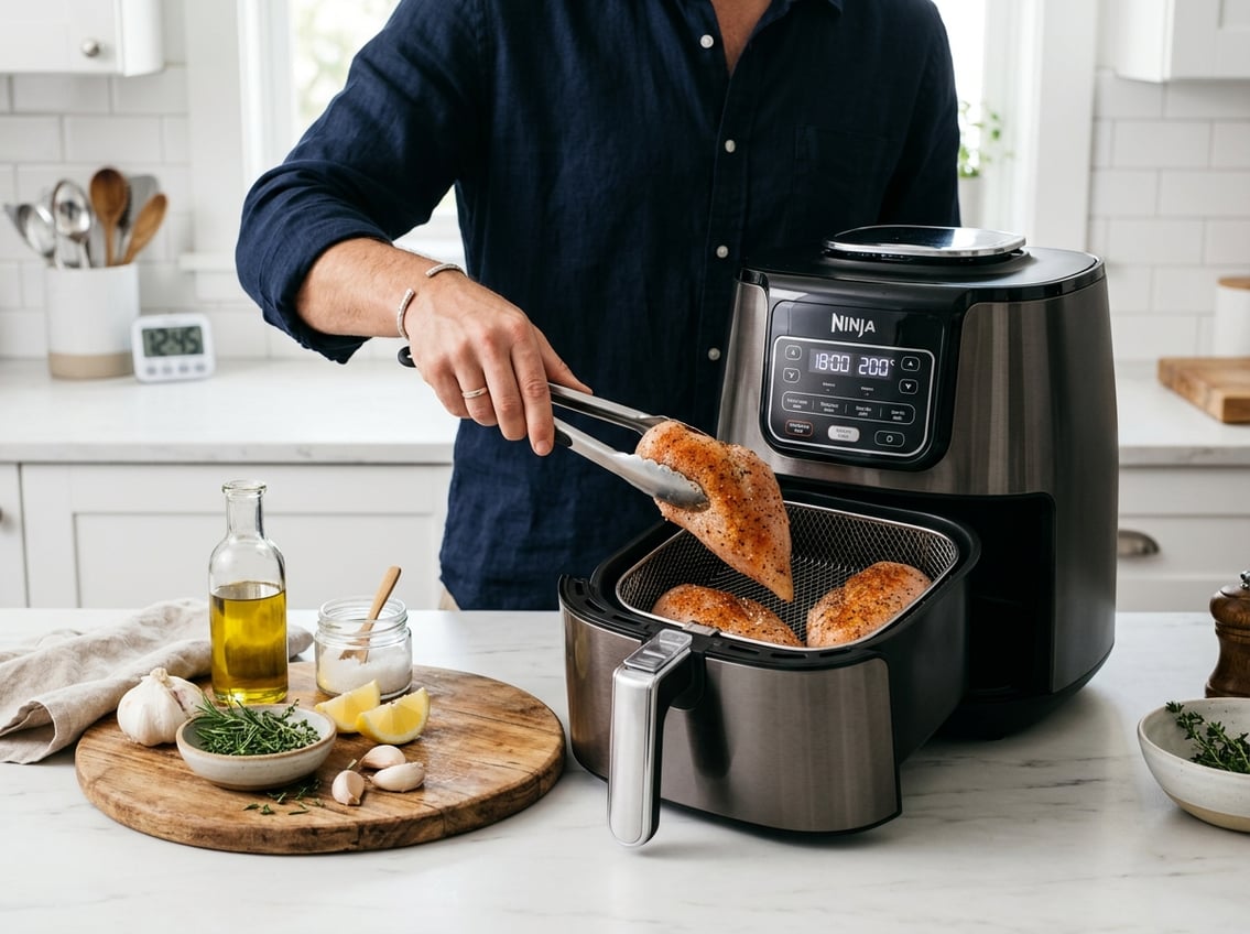 Hands placing seasoned chicken breasts into an air fryer basket on a kitchen countertop with fresh ingredients nearby.
