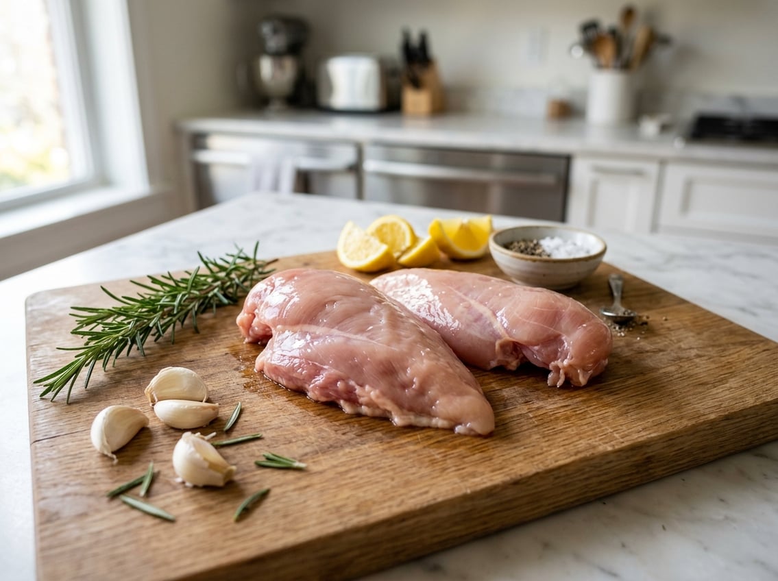 Close-up of raw chicken breasts with rib meat on a wooden cutting board surrounded by fresh herbs and cooking ingredients in a kitchen.