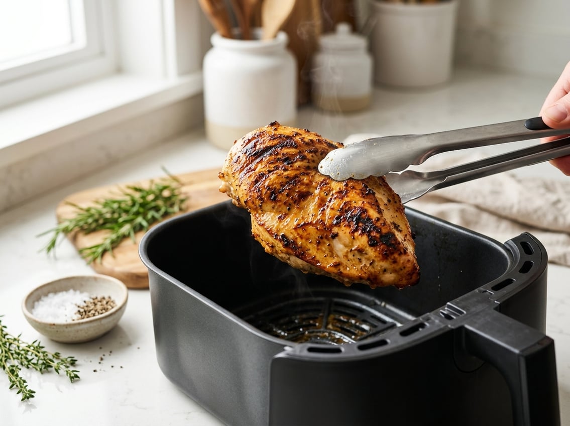 A cooked chicken breast being removed from an air fryer basket in a kitchen setting with fresh herbs nearby.