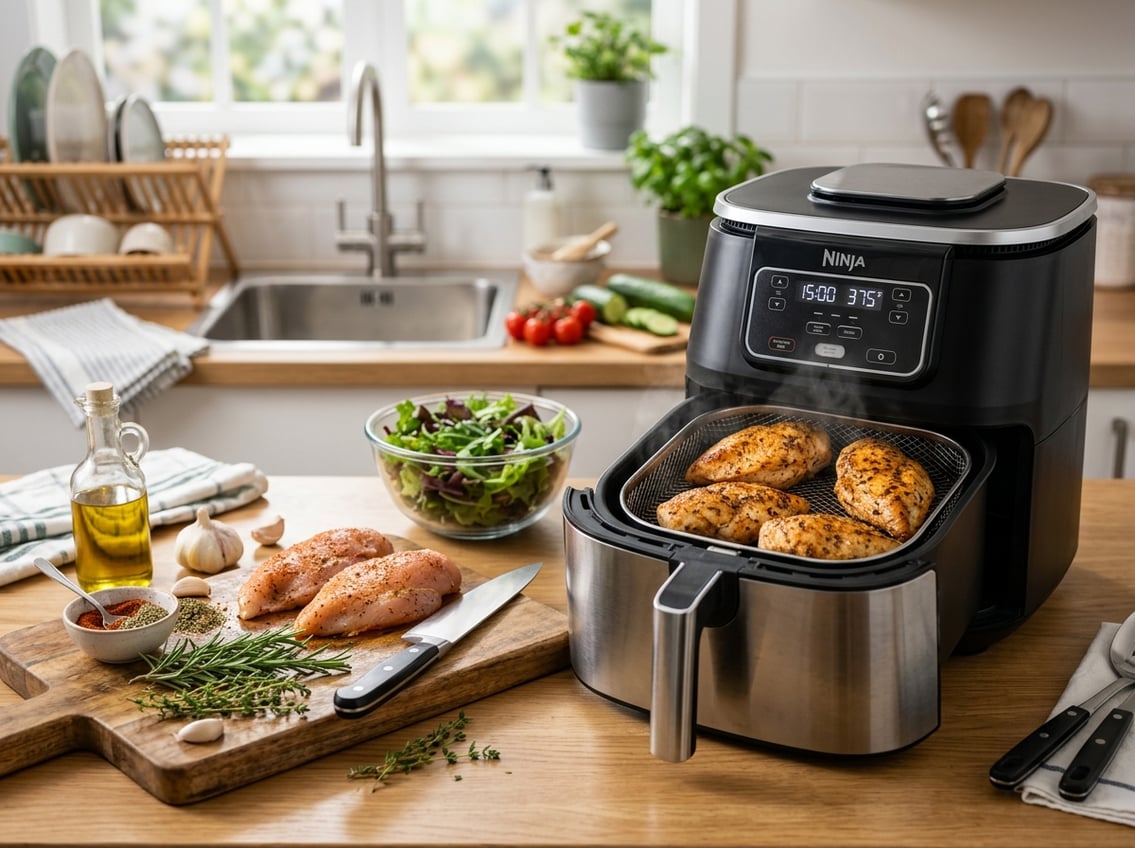 A kitchen countertop with an open air fryer containing cooked chicken breasts, surrounded by fresh ingredients and herbs.