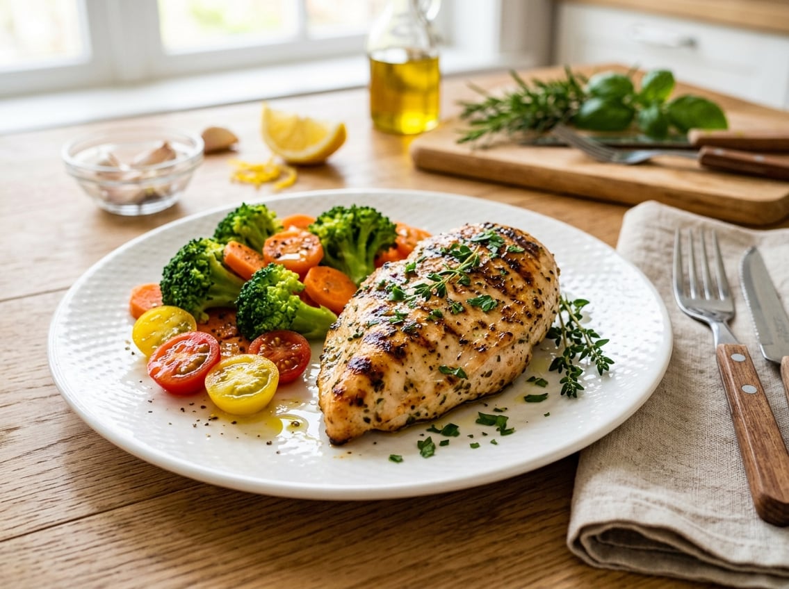 A grilled chicken breast on a white plate with steamed vegetables on a dining table in a kitchen setting.