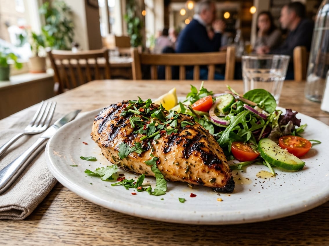A grilled chicken breast on a white plate with a side salad and lemon wedge.