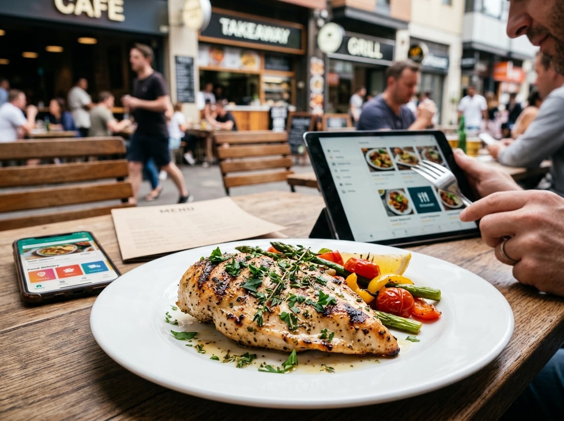 Close-up of a grilled chicken breast on a plate with fresh garnish, a smartphone and tablet nearby, and blurred restaurants in the background.