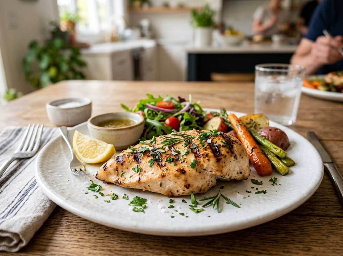 A grilled chicken breast on a plate with herbs, salad, roasted vegetables, and a lemon wedge on a dining table.