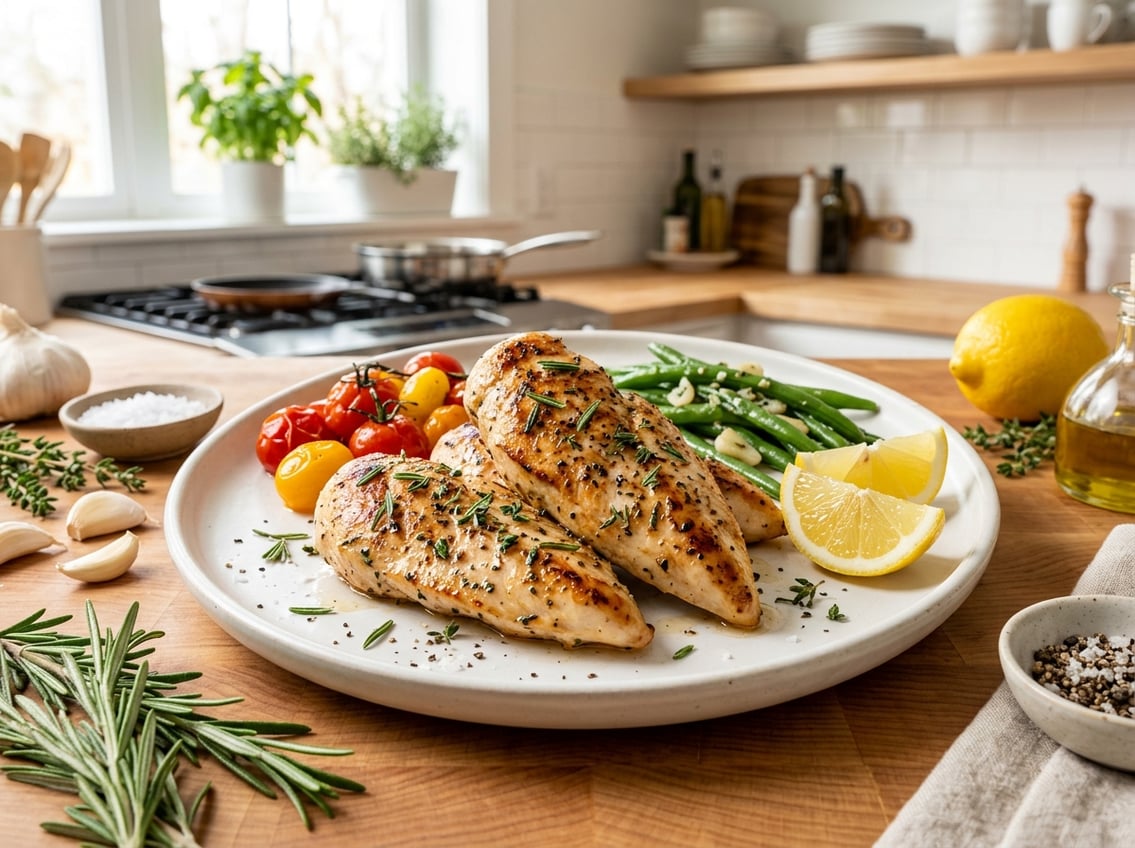 Close-up of cooked chicken breast tenderloins garnished with herbs on a plate with fresh vegetables and lemon wedges in a kitchen setting.