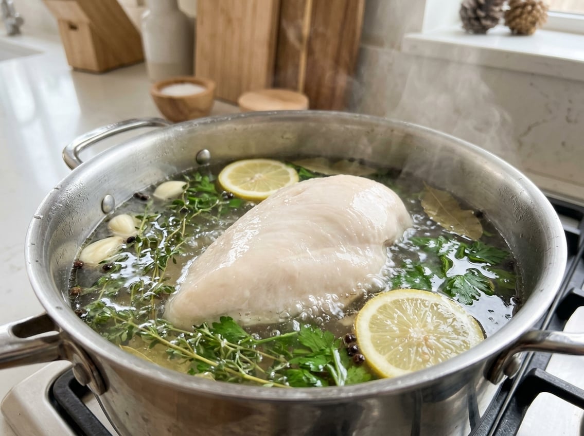 Close-up of a chicken breast gently poaching in a pot of simmering broth with fresh herbs and lemon slices nearby in a kitchen.