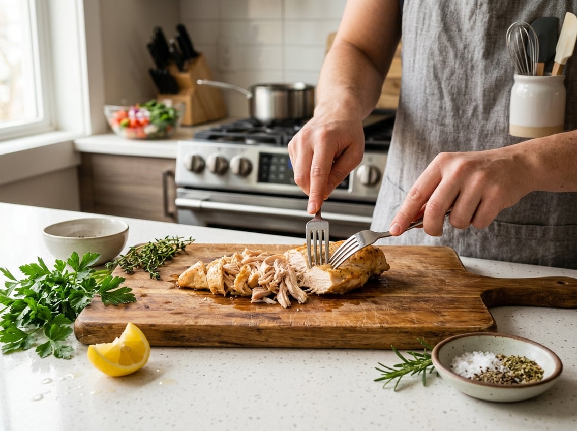 Hands shredding a cooked chicken breast on a cutting board with fresh herbs and kitchen utensils nearby.