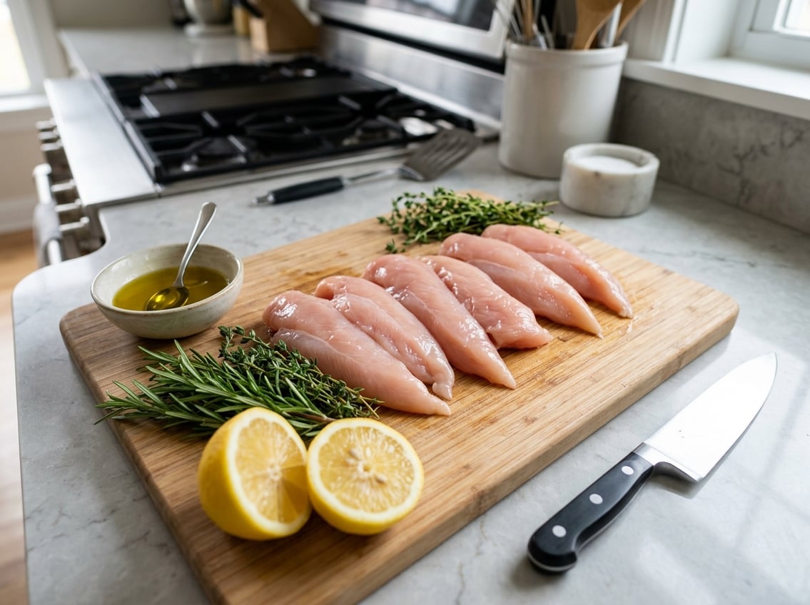Fresh raw chicken breast tenderloins on a cutting board with herbs, lemon, and a knife in a kitchen setting.