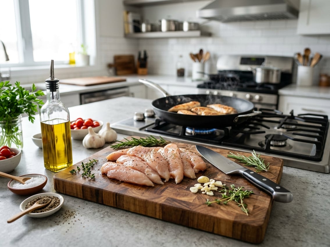 Fresh chicken breast tenderloins on a cutting board surrounded by cooking ingredients and a pan with chicken cooking on a stovetop.