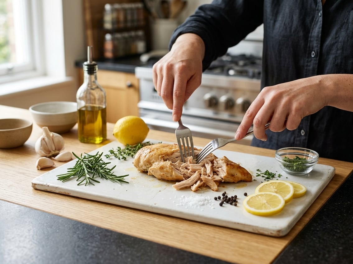 Hands shredding a cooked chicken breast on a cutting board with fresh herbs and lemon slices nearby in a kitchen.