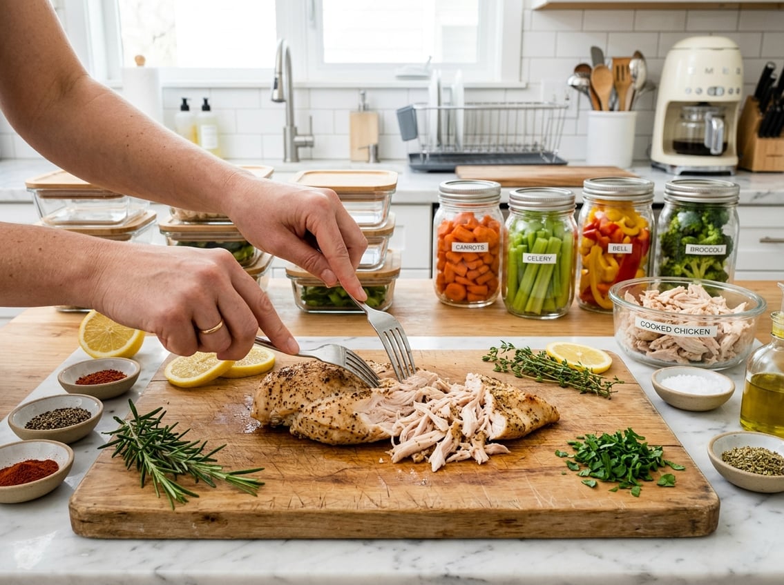 Hands shredding a cooked chicken breast on a cutting board with fresh ingredients and storage containers in the background.