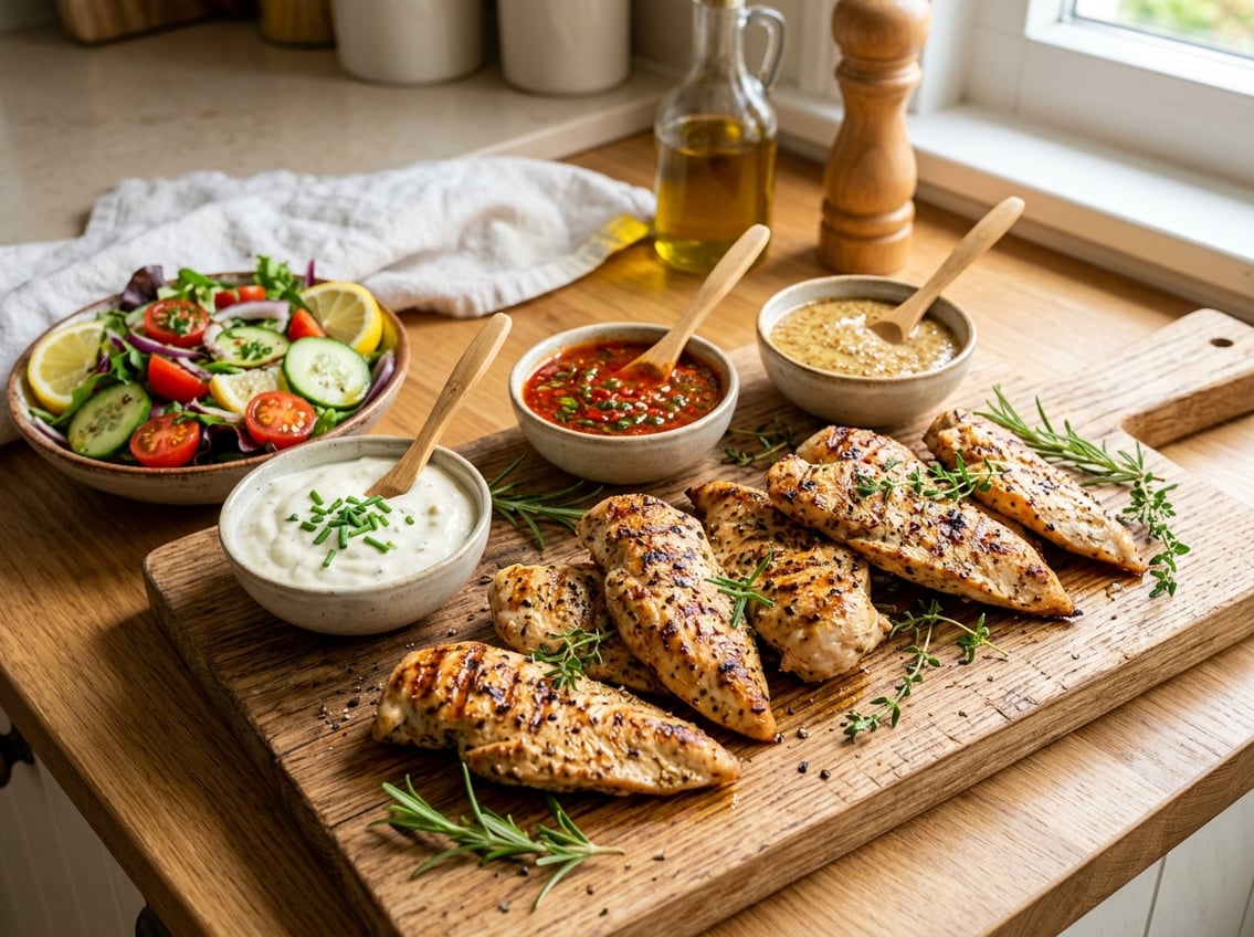 Cooked chicken breast tenderloins arranged on a wooden board with herbs, sauces, and a fresh salad in a bright kitchen setting.