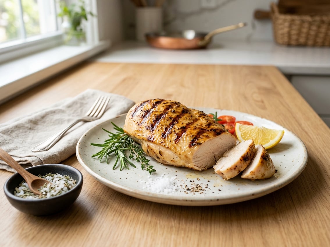 A cooked chicken breast on a white plate with herbs and lemon wedges on a kitchen countertop.