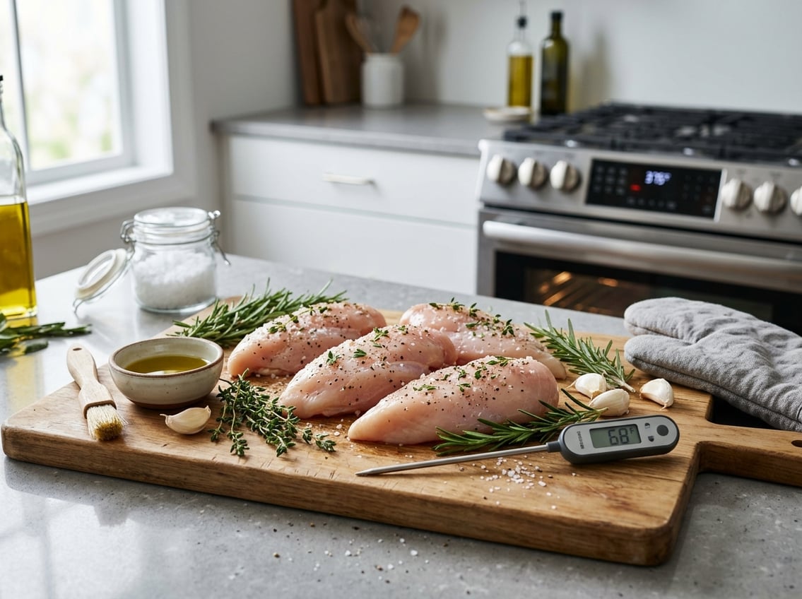 Raw chicken breasts on a cutting board with fresh herbs, garlic, and cooking tools in a kitchen setting.