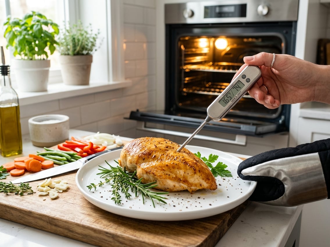 A juicy cooked chicken breast on a white plate garnished with herbs, a meat thermometer inserted, with kitchen tools and an open oven in the background.
