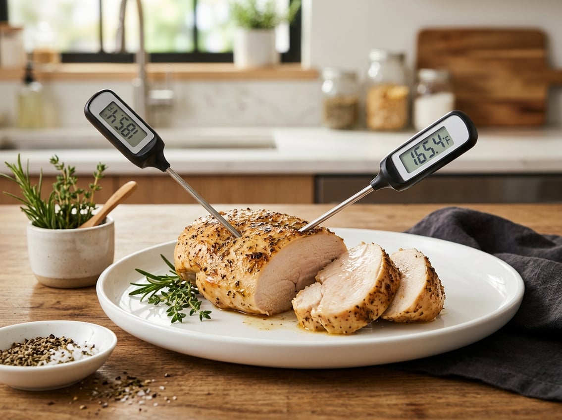 A sliced cooked chicken breast on a white plate with a digital food thermometer showing the internal temperature in a kitchen setting.