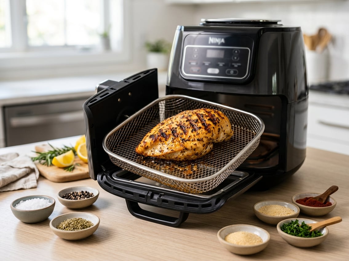Close-up of a cooked chicken breast inside an open air fryer with seasoning bowls on a kitchen countertop.