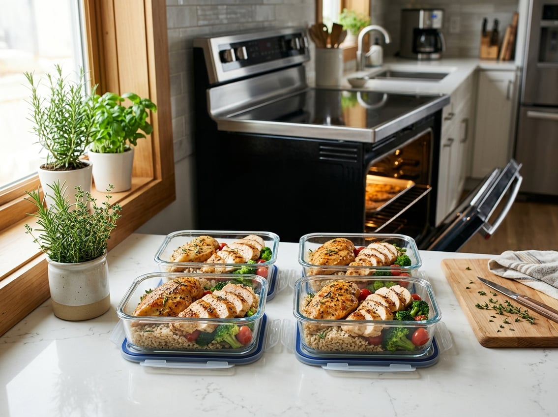 Cooked chicken breasts stored in glass containers on a kitchen countertop with an oven in the background.
