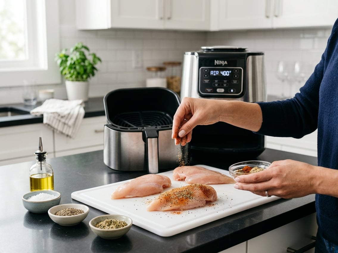Raw chicken breasts being seasoned on a cutting board next to an open air fryer in a kitchen.