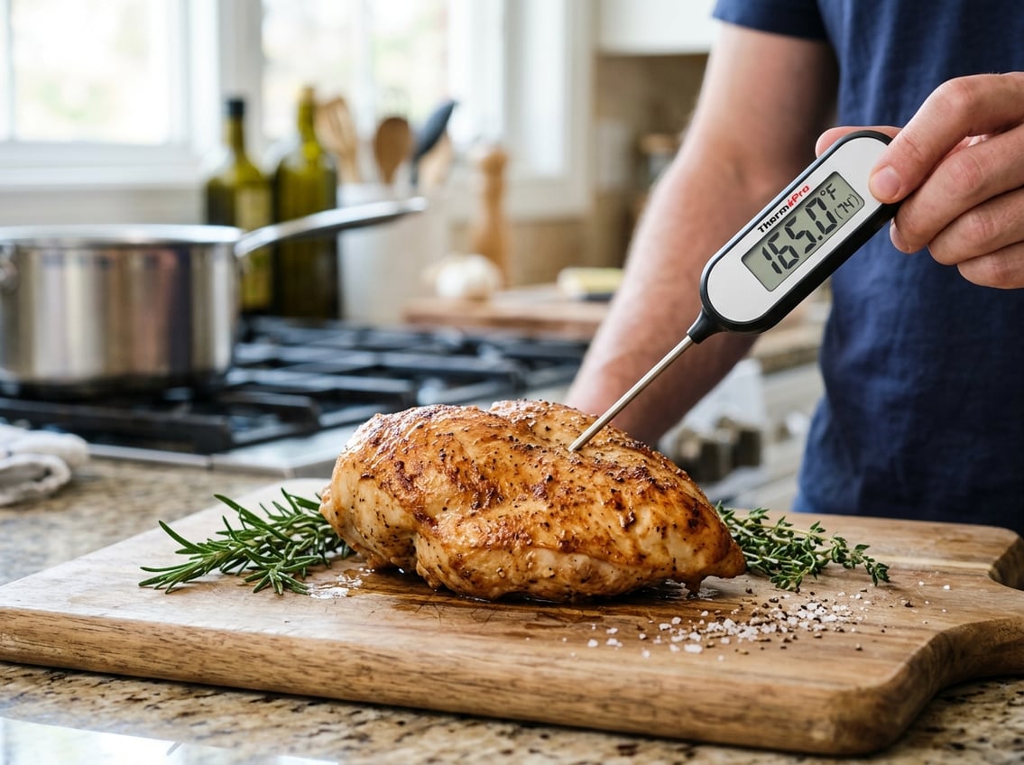 Close-up of a cooked chicken breast with a digital meat thermometer inserted, showing the temperature in a kitchen setting.