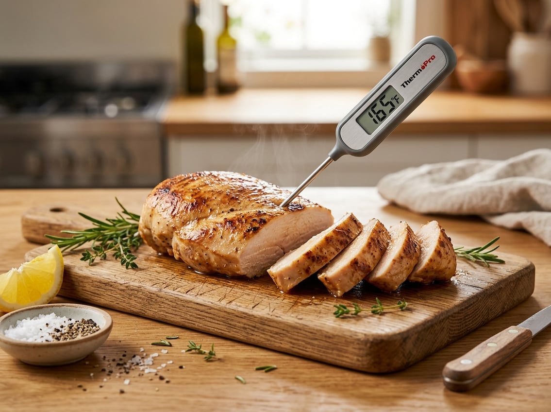 A sliced cooked chicken breast on a wooden cutting board with a meat thermometer inserted, surrounded by herbs and lemon.
