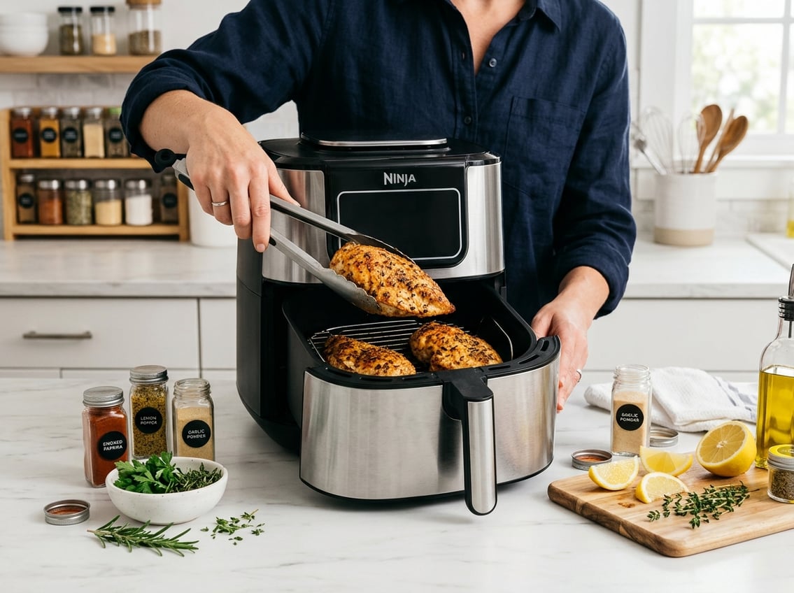 Hands placing cooked chicken breast into an open air fryer on a kitchen countertop with fresh ingredients nearby.