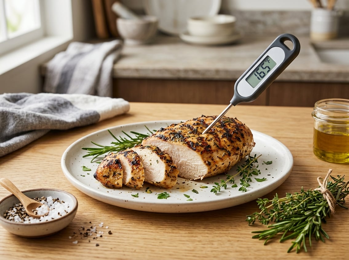 A cooked chicken breast sliced on a plate with a meat thermometer inserted, surrounded by fresh herbs and kitchen items.