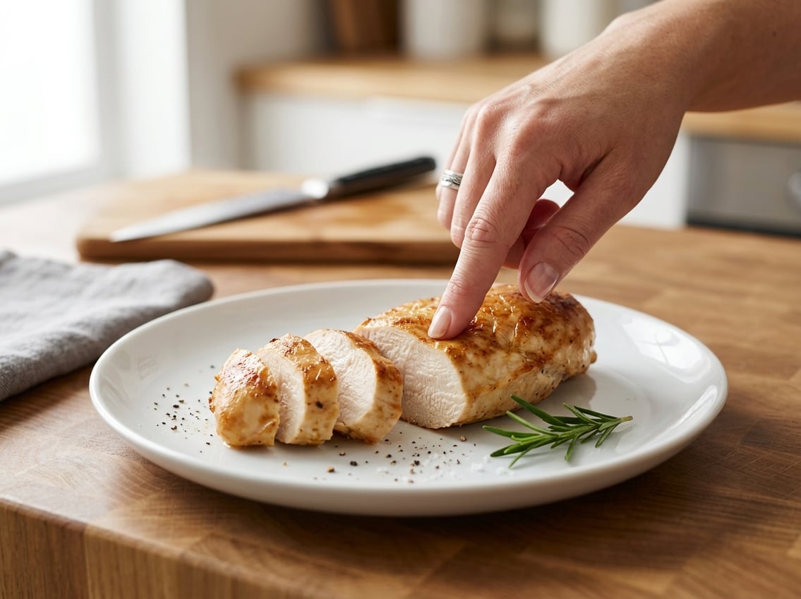 A sliced cooked chicken breast on a plate with a hand pressing it to check firmness on a kitchen countertop.