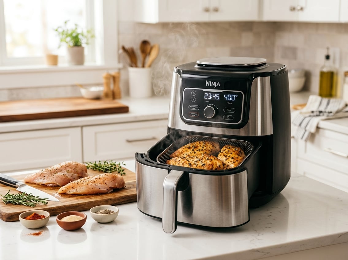 A modern kitchen countertop with an air fryer cooking golden-brown chicken breasts surrounded by fresh ingredients and cooking utensils.