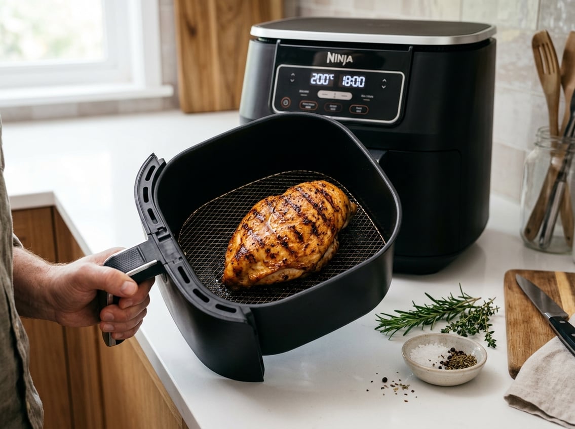 A cooked chicken breast in an air fryer basket on a kitchen countertop with fresh herbs nearby.