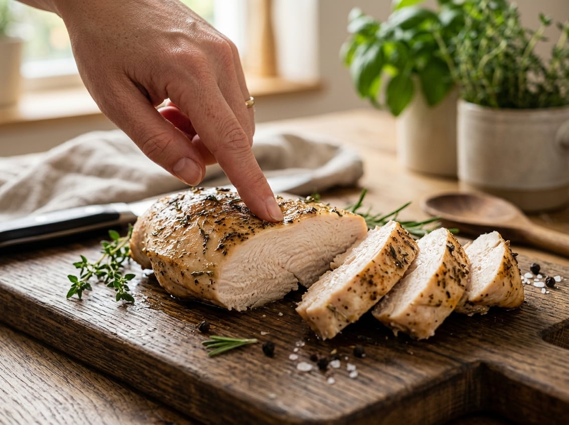 A hand pressing a sliced cooked chicken breast on a wooden cutting board in a kitchen setting.