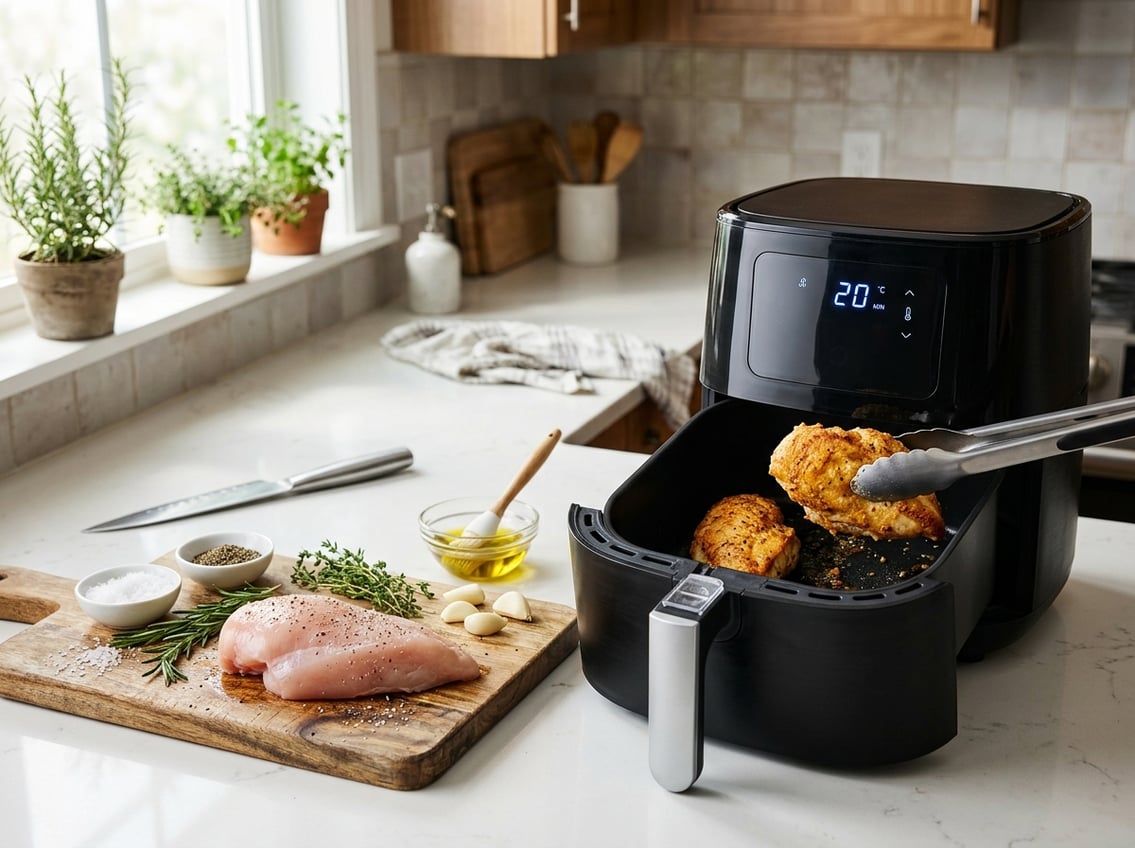 A kitchen scene showing raw chicken breast on a cutting board next to an air fryer with partially cooked chicken inside and cooking ingredients nearby.
