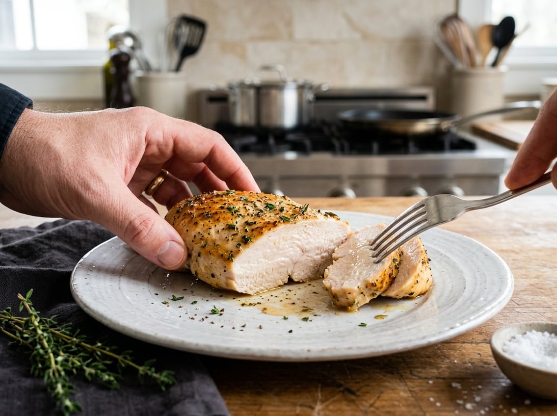 Close-up of a sliced cooked chicken breast on a plate with a hand pressing it gently in a kitchen setting.