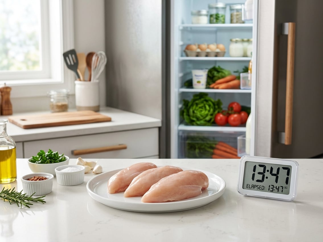 Raw chicken breasts on a plate next to a kitchen timer on a clean kitchen countertop with an open refrigerator in the background.