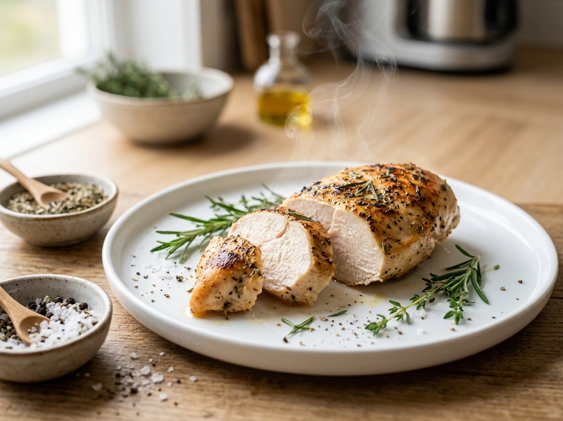 Close-up of a sliced cooked chicken breast on a white plate with fresh herbs on a kitchen countertop.