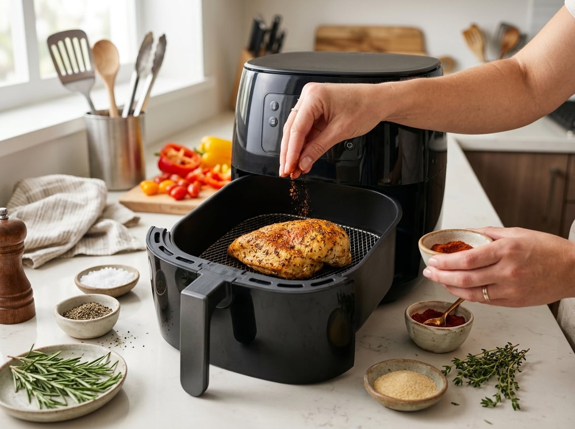 Close-up of a cooked chicken breast in an open air fryer basket with seasoning bowls and fresh herbs on a kitchen countertop.