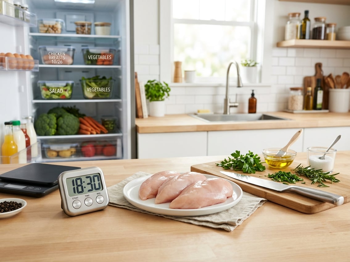 Fresh raw chicken breasts on a plate next to a refrigerator and kitchen timer in a clean kitchen.