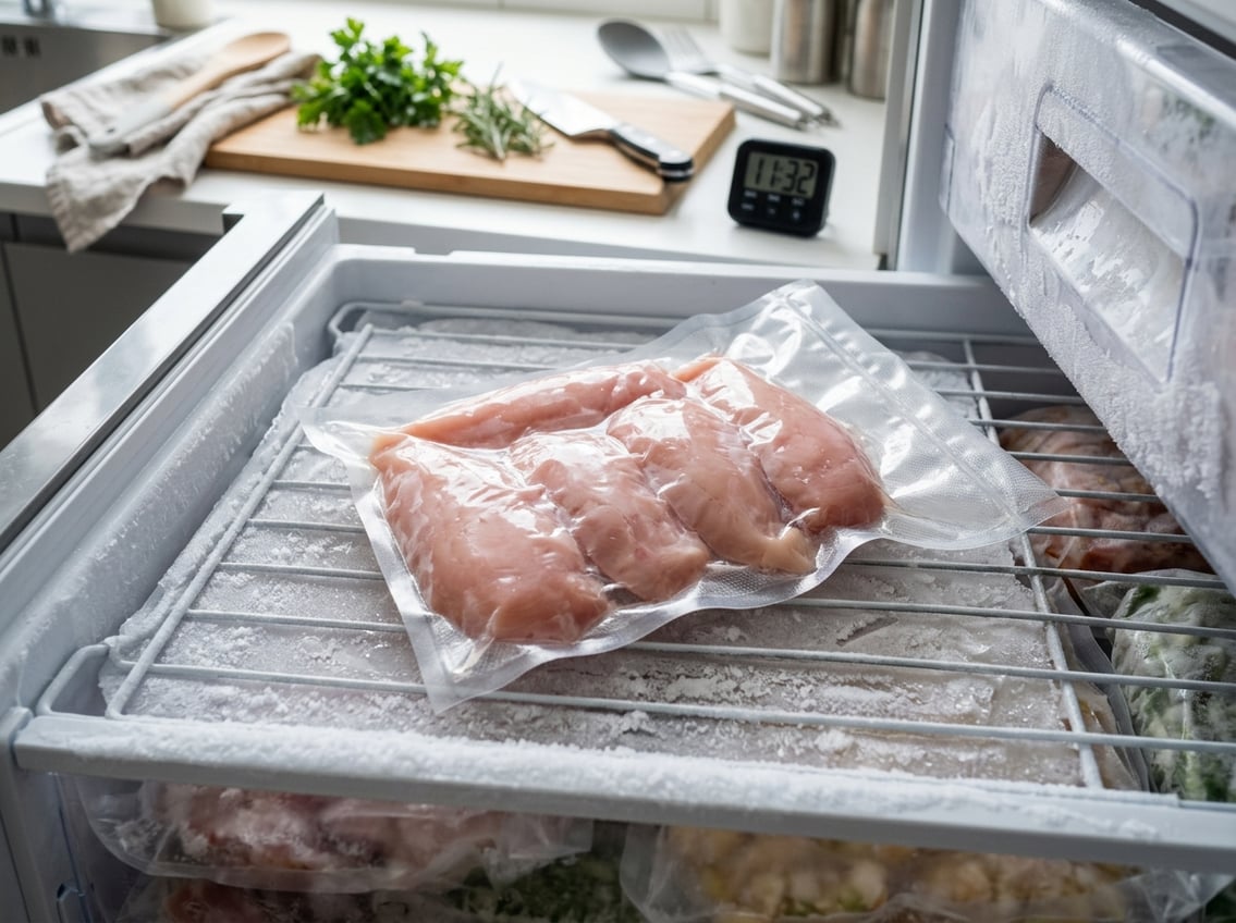 Raw chicken breasts stored in a clear container inside a freezer with a kitchen timer nearby.