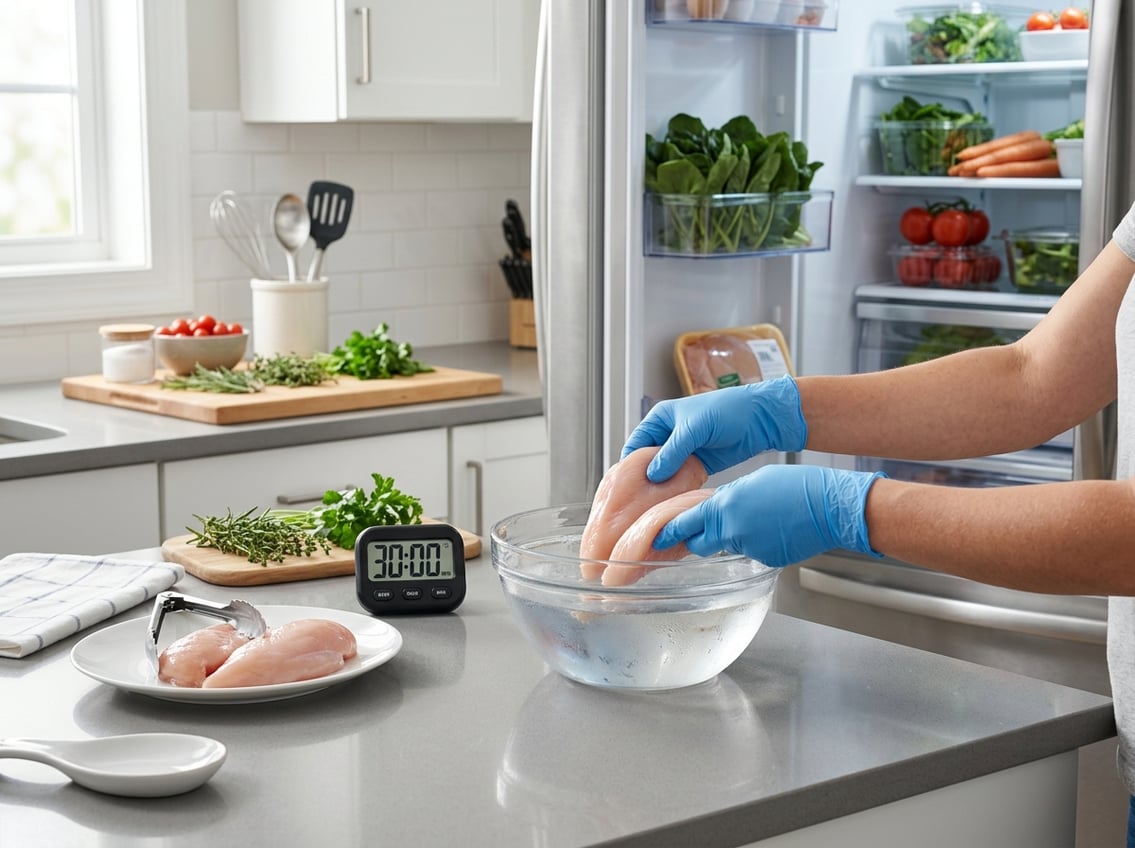 Hands placing raw chicken breasts into a bowl of water on a kitchen counter with an open refrigerator and kitchen timer nearby.