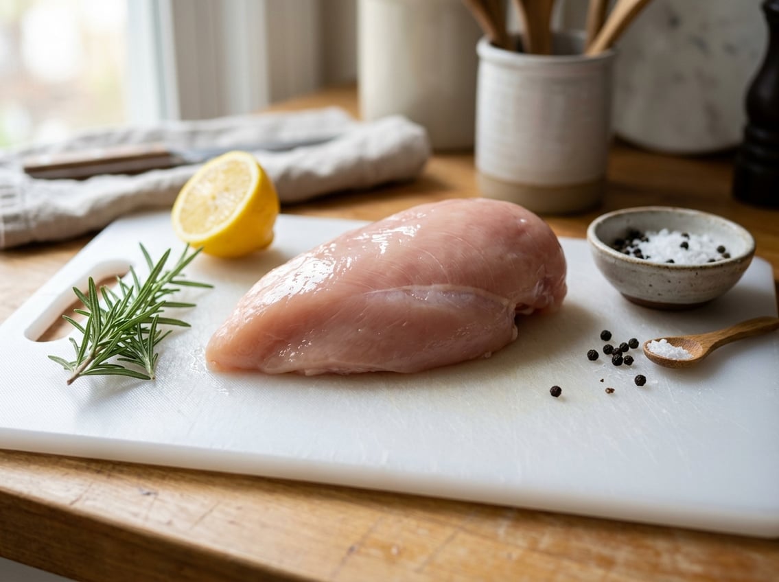 Close-up of a raw chicken breast with a slightly moist surface on a white cutting board, surrounded by rosemary, lemon, and salt.