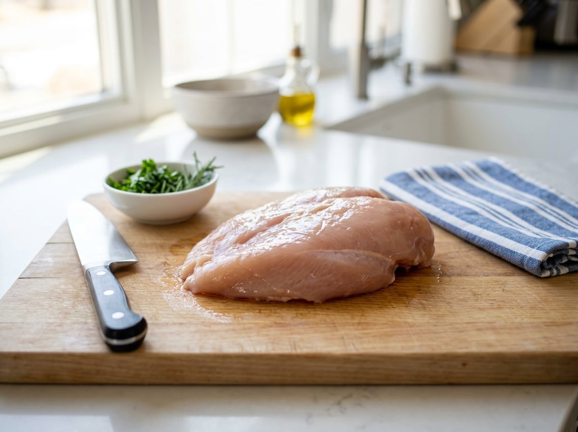 Close-up of raw chicken breasts on a cutting board in a kitchen with a knife and herbs nearby.