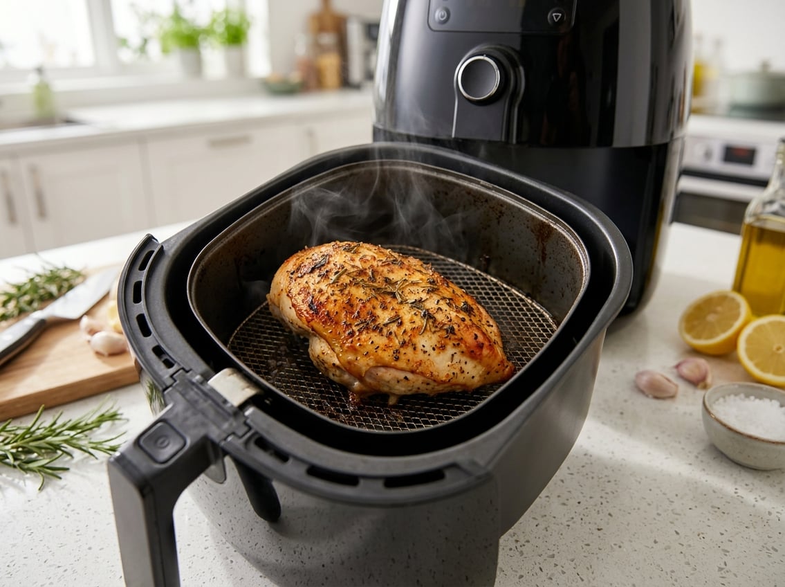 Close-up of a cooked chicken breast inside an air fryer basket on a kitchen countertop with fresh herbs and lemon wedges nearby.