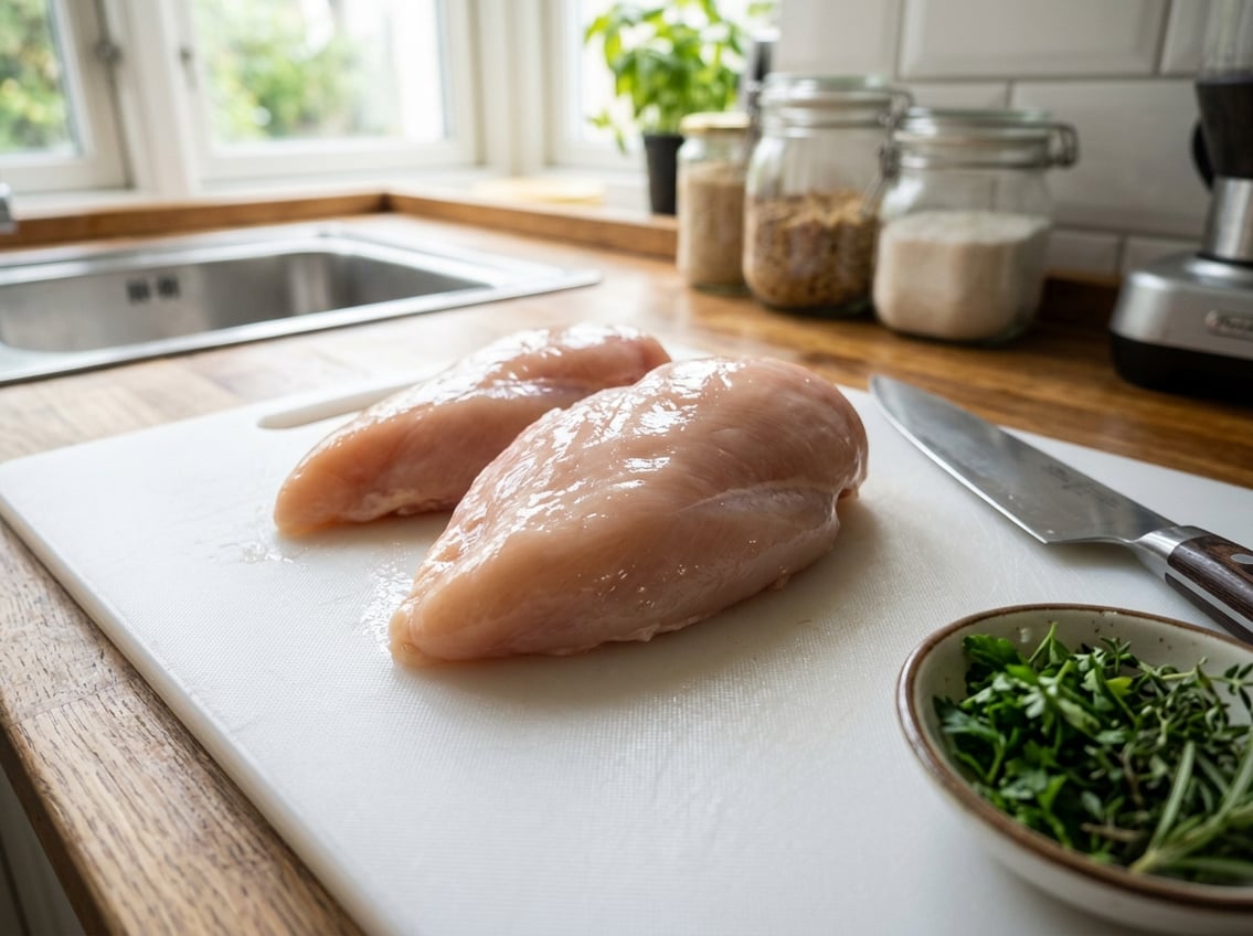 Close-up of raw chicken breast on a white cutting board with kitchen utensils in the background.