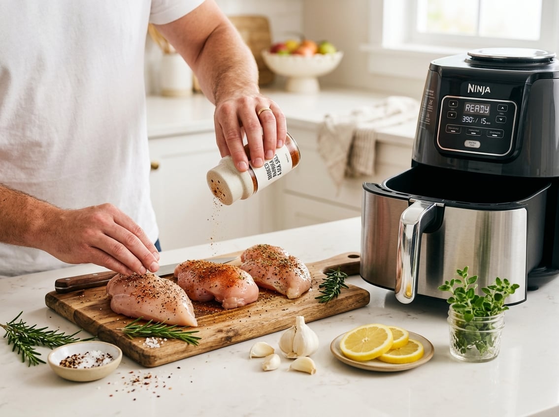 Hands seasoning raw chicken breasts on a kitchen countertop next to an open air fryer and fresh herbs.