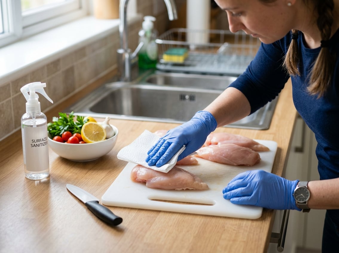 Hands wearing gloves patting raw chicken breasts on a cutting board in a clean kitchen with sanitizer and vegetables nearby.